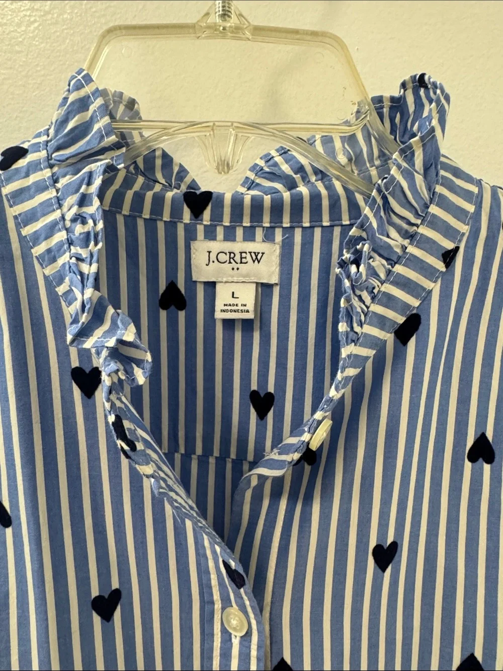 J. Crew Blue and White Striped Button-Down with Navy Heart Print